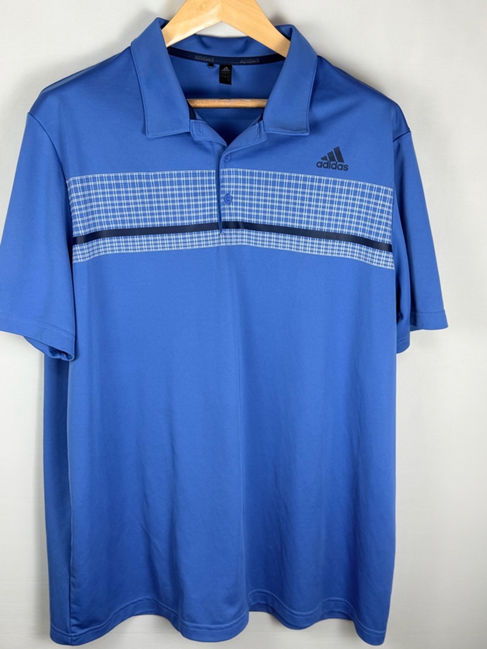 Adidas Polo Shirt Men’s 2XL Blue Stripe Logo Golf Active Performance Primegreen